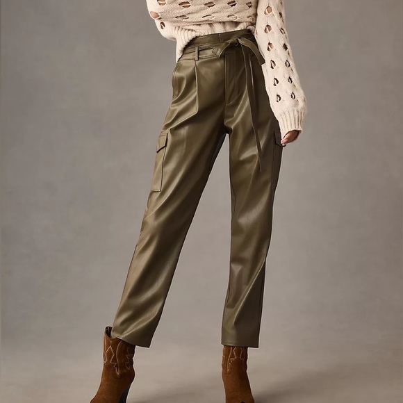 PAIGE Jeans NEW Tesse Faux Leather Utility Pants Army Green Cargo Pockets Size 8 - Picture 1 of 16